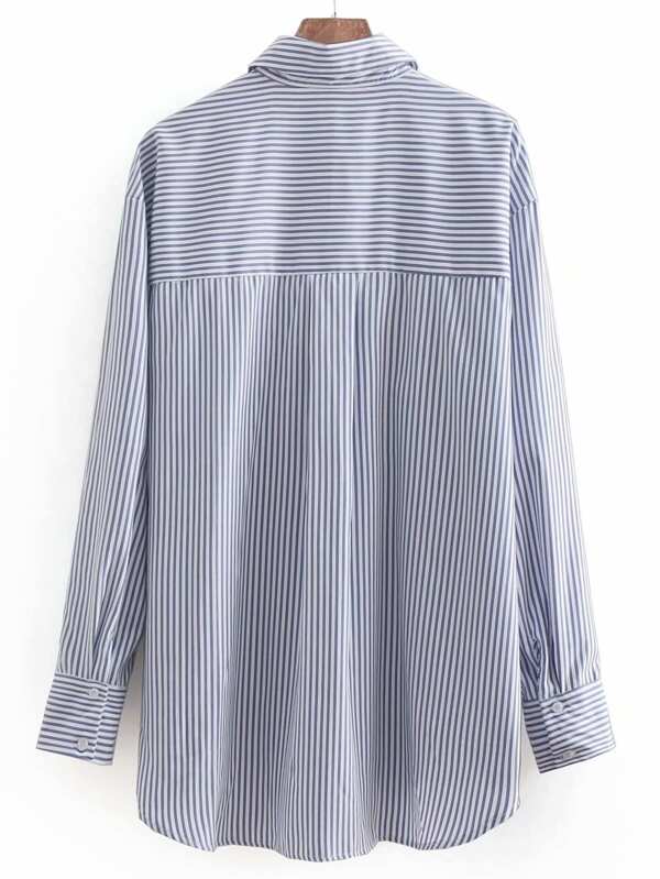 Fringe Trim Tweed Panel Striped Shirt - LuckyFash™