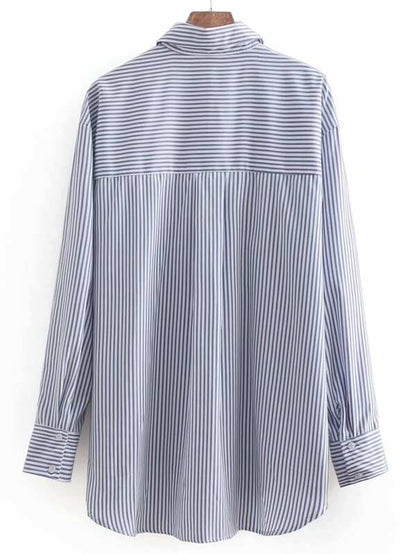 Fringe Trim Tweed Panel Striped Shirt - LuckyFash™