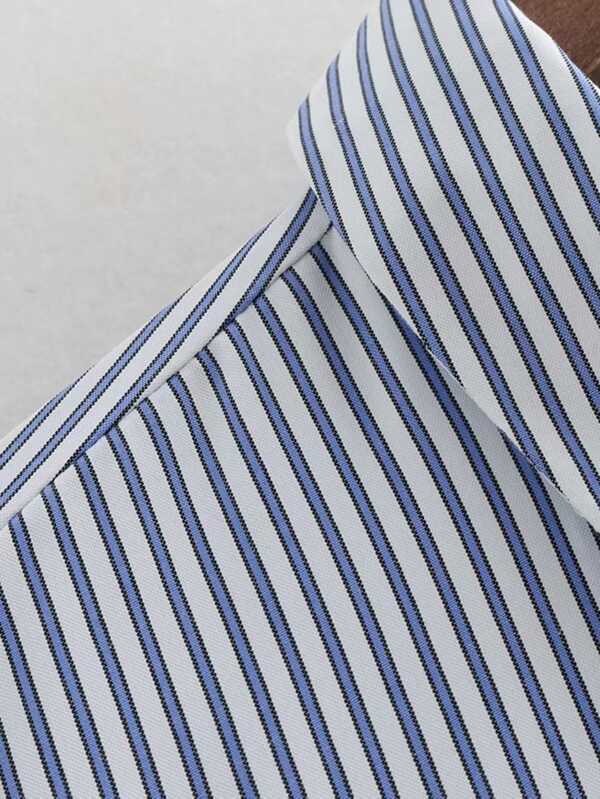 Fringe Trim Tweed Panel Striped Shirt - LuckyFash™