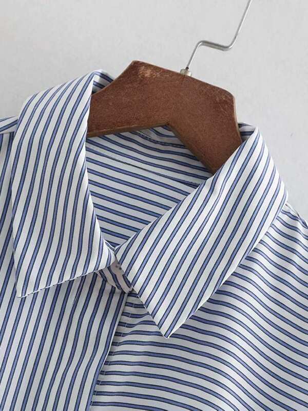 Fringe Trim Tweed Panel Striped Shirt - LuckyFash™