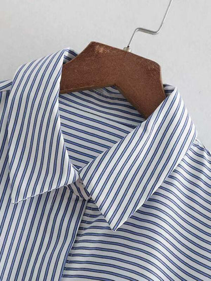 Fringe Trim Tweed Panel Striped Shirt - LuckyFash™