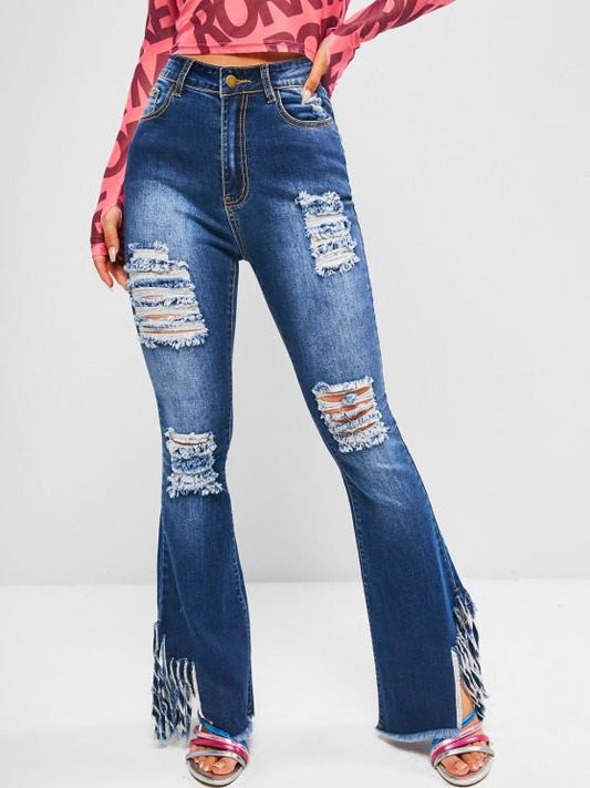 Fringed Distressed High Waisted Flare Jeans - LuckyFash™
