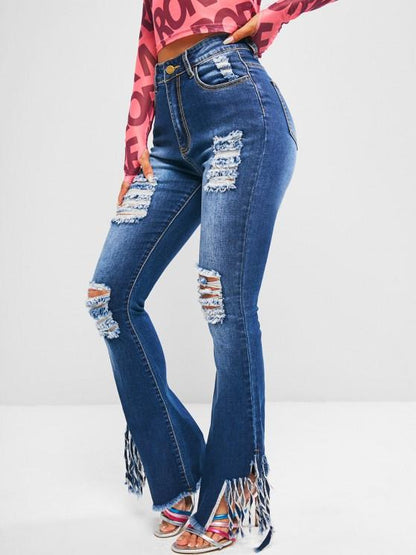 Fringed Distressed High Waisted Flare Jeans - LuckyFash™