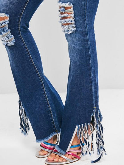 Fringed Distressed High Waisted Flare Jeans - LuckyFash™