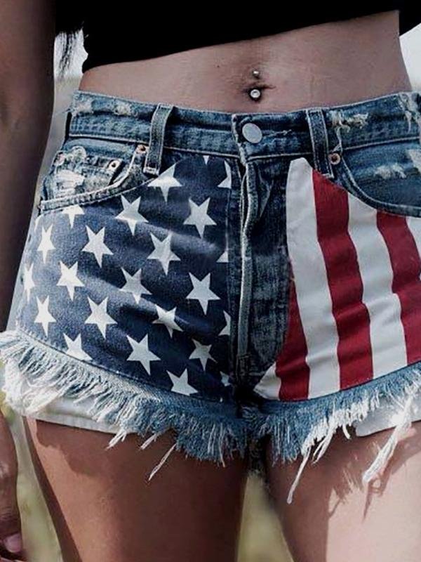 Fringed Star Stripe Print Casual Denim Shorts - LuckyFash™