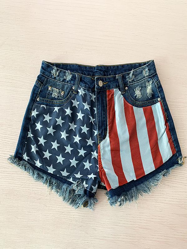 Fringed Star Stripe Print Casual Denim Shorts - LuckyFash™