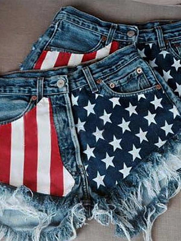 Fringed Star Stripe Print Casual Denim Shorts - LuckyFash™