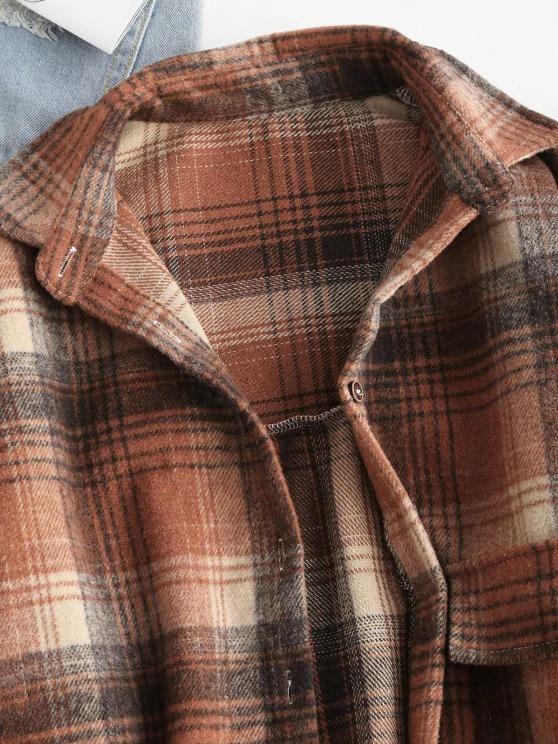 Front Pocket Plaid Houndstooth Flannel Shacket - LuckyFash™