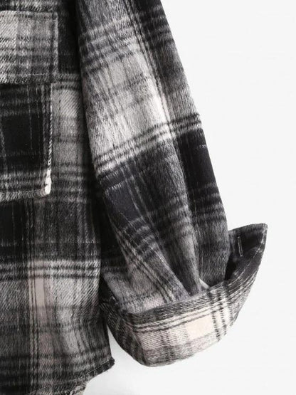 Front Pocket Plaid Houndstooth Flannel Shacket - LuckyFash™