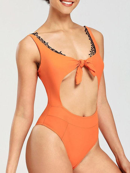 Front Tie Cutout With Lace One-Piece Bikini - LuckyFash™