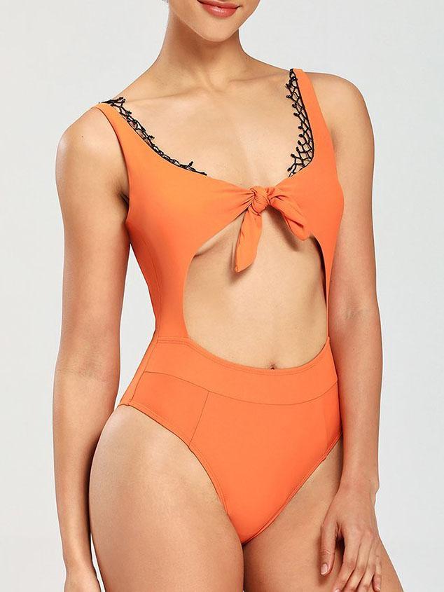 Front Tie Cutout With Lace One-Piece Bikini - LuckyFash™