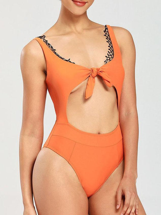 Front Tie Cutout With Lace One-Piece Bikini - LuckyFash™