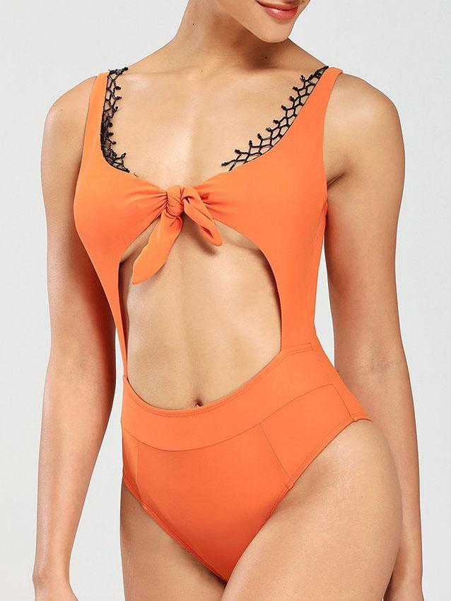 Front Tie Cutout With Lace One-Piece Bikini - LuckyFash™