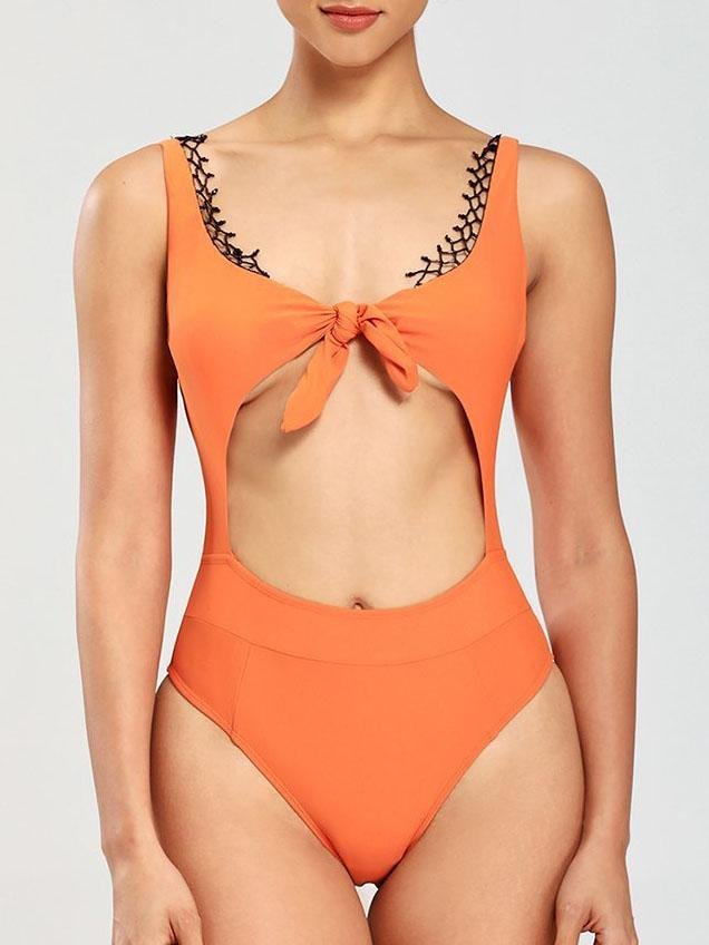 Front Tie Cutout With Lace One-Piece Bikini - LuckyFash™