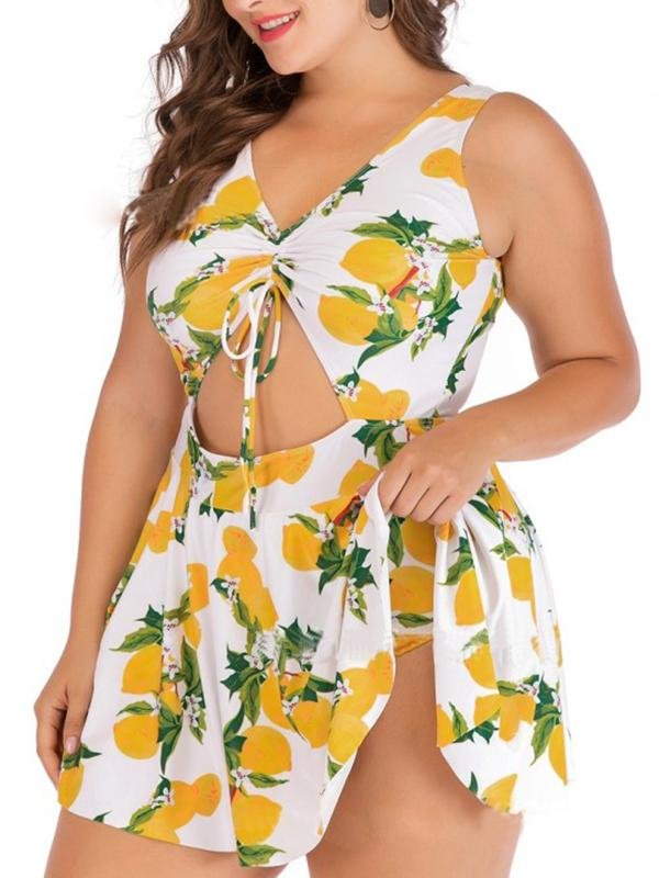 Fruit Print Hollow Out Plus Size One Piece Swimsuit - LuckyFash™