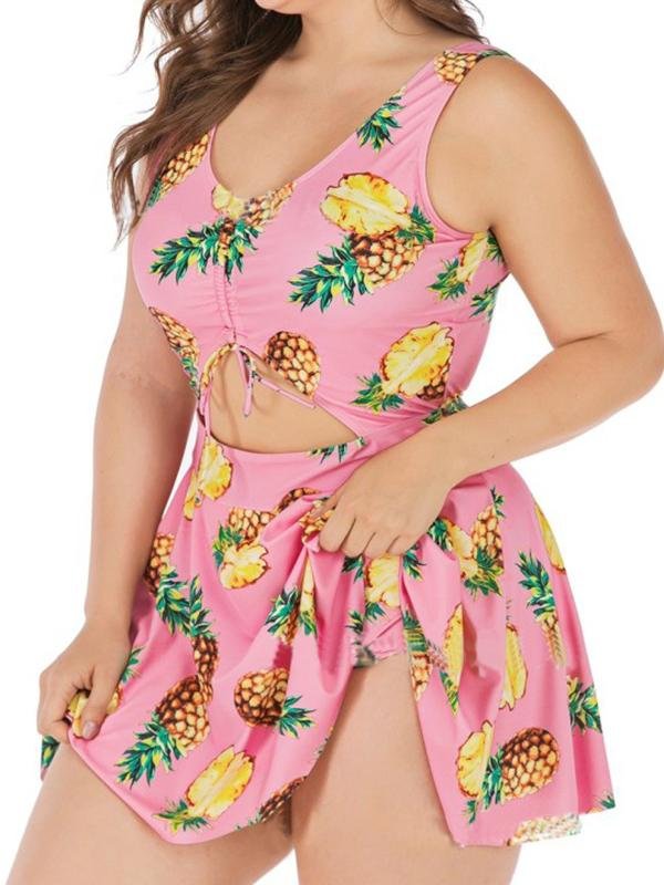 Fruit Print Hollow Out Plus Size One Piece Swimsuit - LuckyFash™