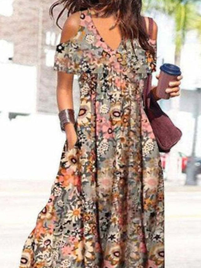 Floral Cold Shoulder Long Dress Maxi Dress Yellow Short Sleeve Floral Spring Summer V Neck Loose Fit  S M L XL XXL 3XL for Women - LuckyFash™