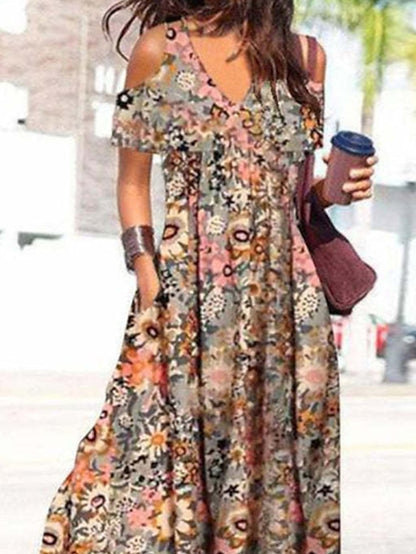 Floral Cold Shoulder Long Dress Maxi Dress Yellow Short Sleeve Floral Spring Summer V Neck Loose Fit  S M L XL XXL 3XL for Women - LuckyFash™