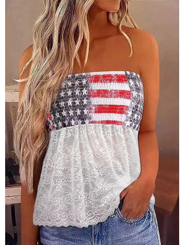 Bandeau Tube Top Black White Khaki Flag Leopard Lace Print Sleeveless Casual Holiday Basic Cold Shoulder Regular S for Women - LuckyFash™