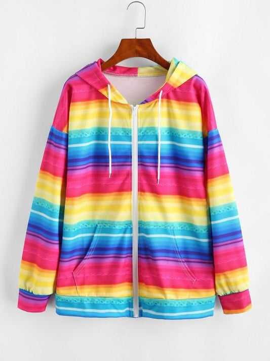 Full Zip Pockets Rainbow Stripes Hoodie - LuckyFash™