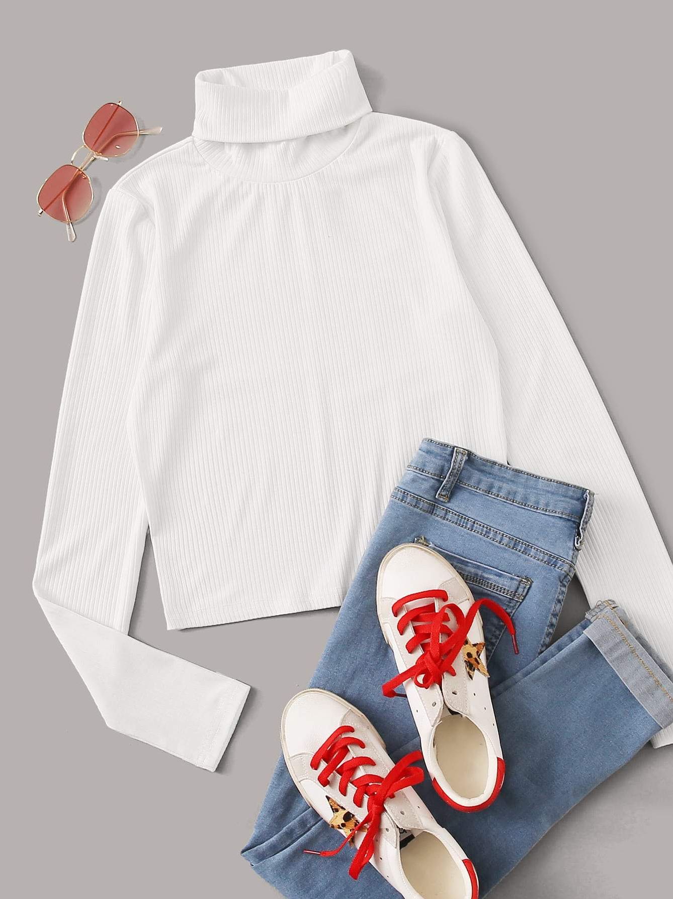 Funnel Neck Rib-knit Tee - LuckyFash™