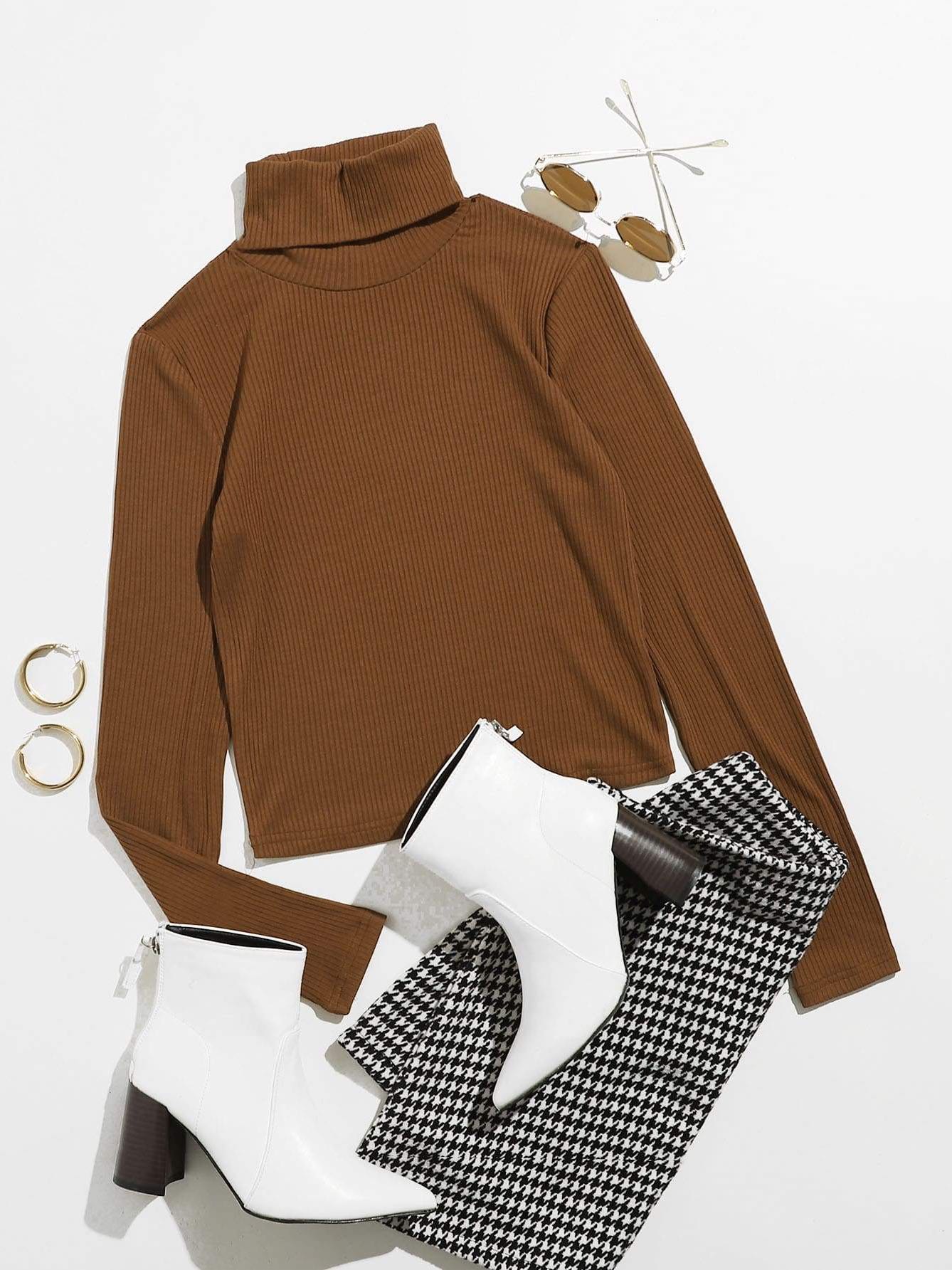 Funnel Neck Rib-knit Tee - LuckyFash™