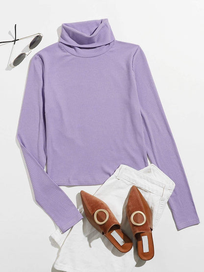 Funnel Neck Rib-knit Tee - LuckyFash™