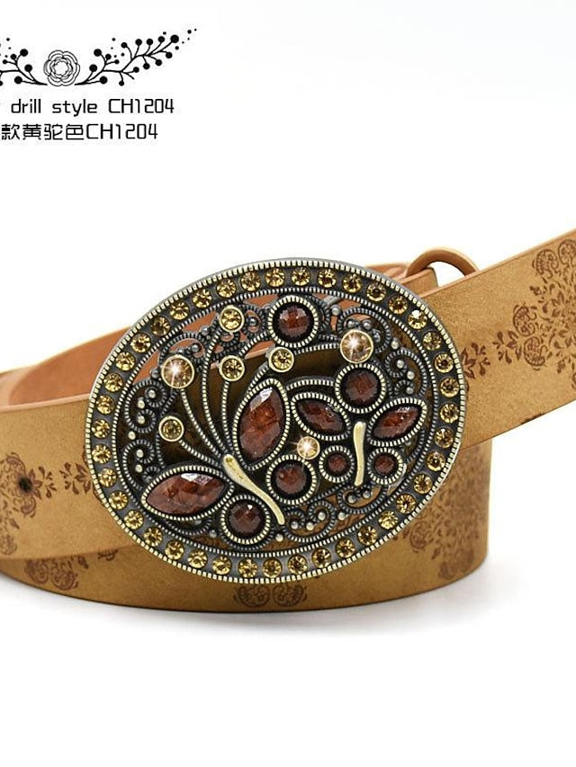 Women's PU Buckle Belt PU Leather Metal Bucke Engraved Crystal Rhinestone Classic Vintage Retro Wedding Party Rhinestone black ch1047 Rhinestone yellow camel ch1067 Rhinestone yellow camel ch1024 - LuckyFash™