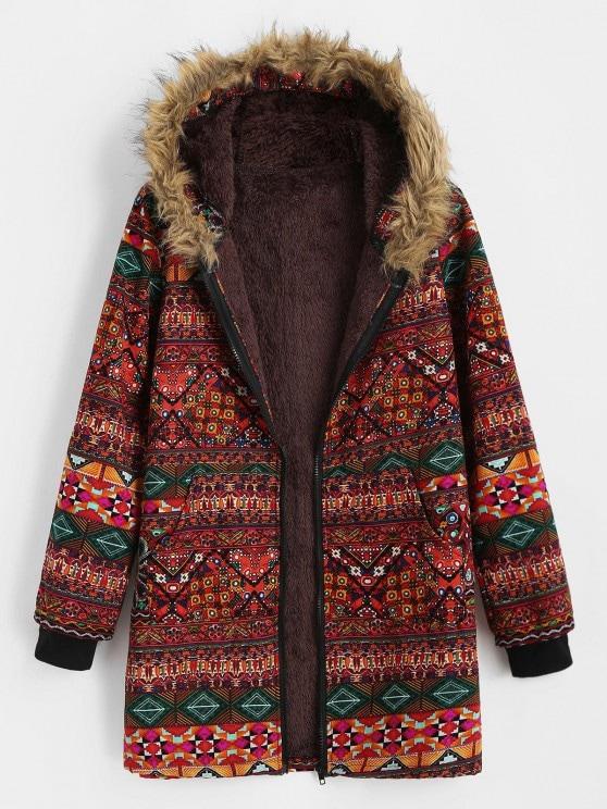 Fur Collar Fleece Lined Tribal Print Coat - LuckyFash™