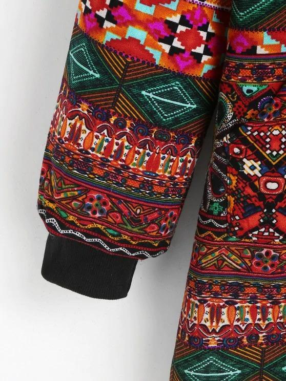 Fur Collar Fleece Lined Tribal Print Coat - LuckyFash™