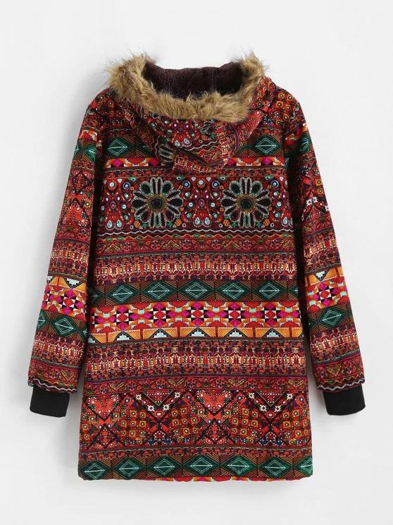 Fur Collar Fleece Lined Tribal Print Coat - LuckyFash™