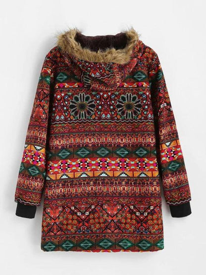 Fur Collar Fleece Lined Tribal Print Coat - LuckyFash™