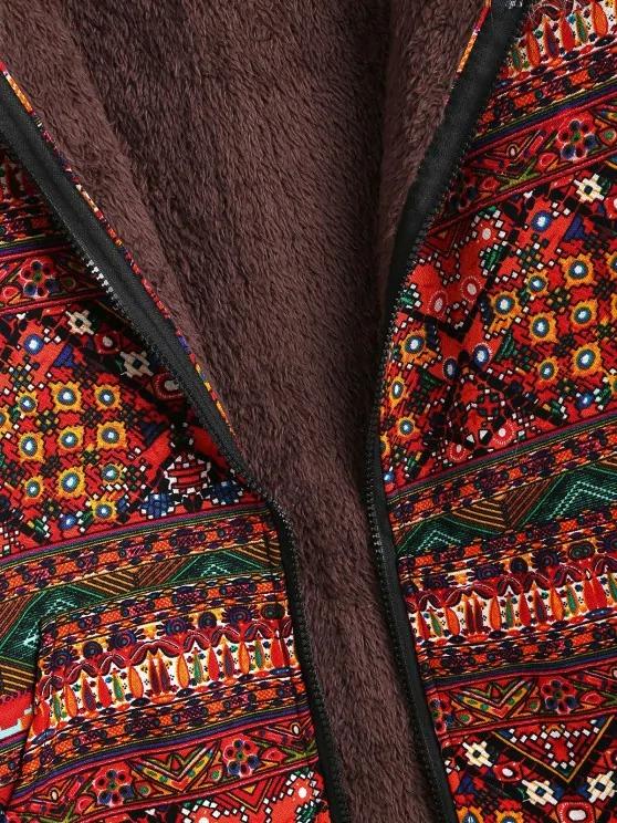 Fur Collar Fleece Lined Tribal Print Coat - LuckyFash™