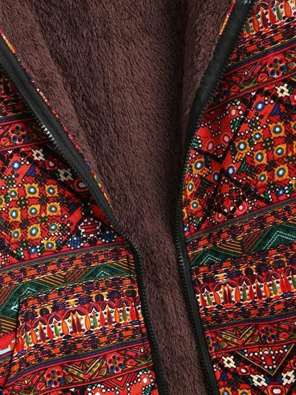 Fur Collar Fleece Lined Tribal Print Coat - LuckyFash™