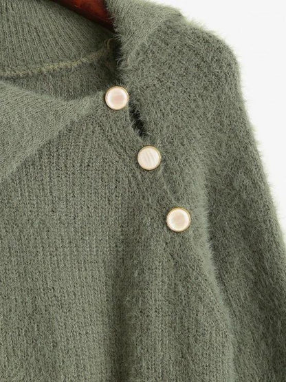 Fuzzy Knit Raglan Sleeve Buttoned Sweater - LuckyFash™