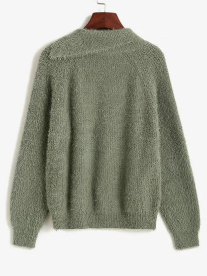 Fuzzy Knit Raglan Sleeve Buttoned Sweater - LuckyFash™
