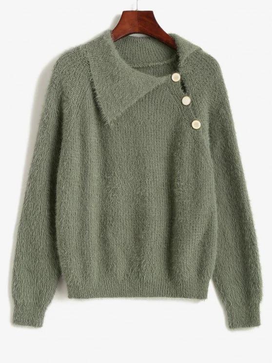 Fuzzy Knit Raglan Sleeve Buttoned Sweater - LuckyFash™