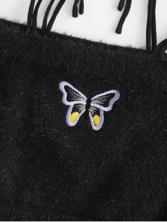 Fuzzy Tie Shoulder Butterfly Embroidered Crop Top - LuckyFash™