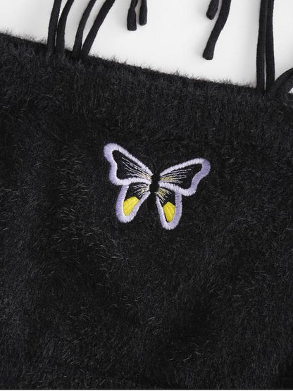 Fuzzy Tie Shoulder Butterfly Embroidered Crop Top - LuckyFash™