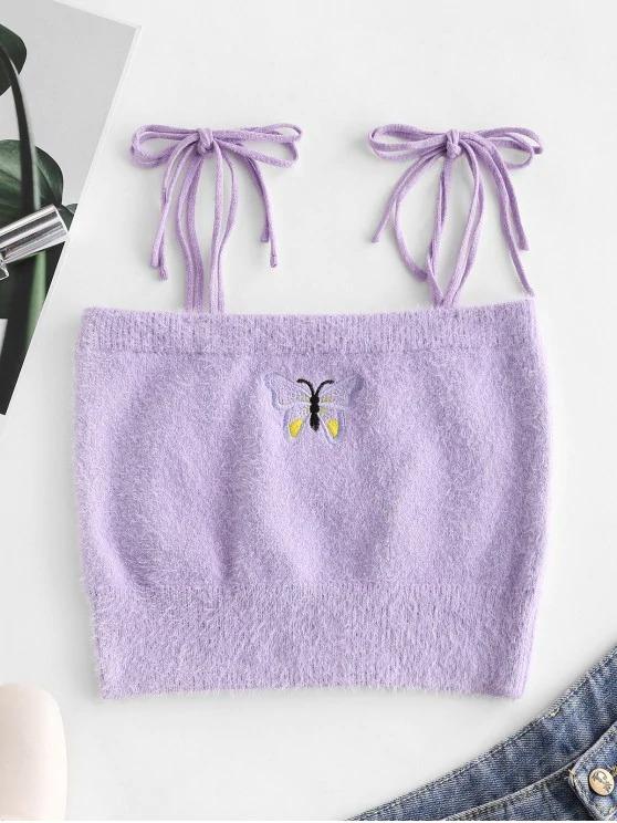 Fuzzy Tie Shoulder Butterfly Embroidered Crop Top - LuckyFash™