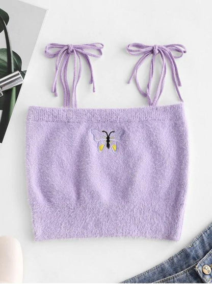 Fuzzy Tie Shoulder Butterfly Embroidered Crop Top - LuckyFash™