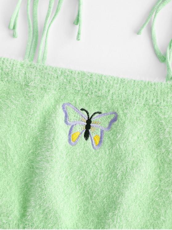 Fuzzy Tie Shoulder Butterfly Embroidered Crop Top - LuckyFash™