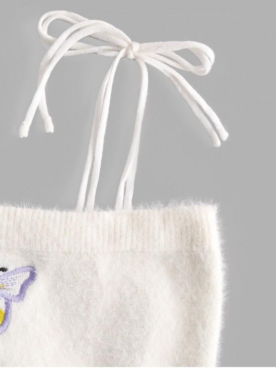 Fuzzy Tie Shoulder Butterfly Embroidered Crop Top - LuckyFash™