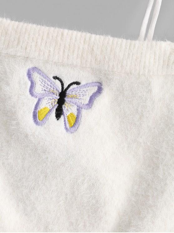 Fuzzy Tie Shoulder Butterfly Embroidered Crop Top - LuckyFash™