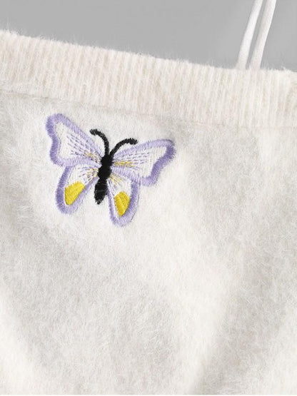 Fuzzy Tie Shoulder Butterfly Embroidered Crop Top - LuckyFash™