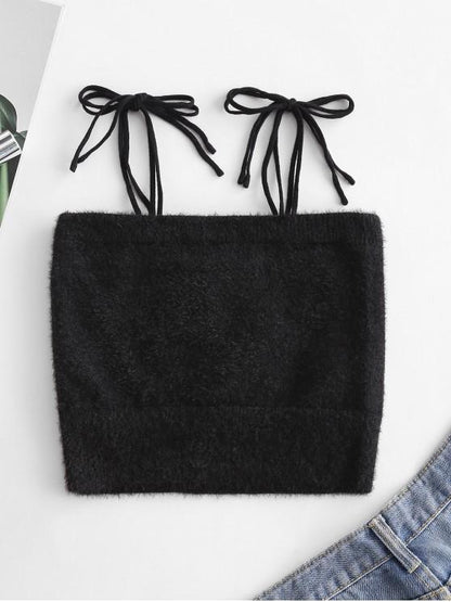 Fuzzy Tie Shoulder Butterfly Embroidered Crop Top - LuckyFash™