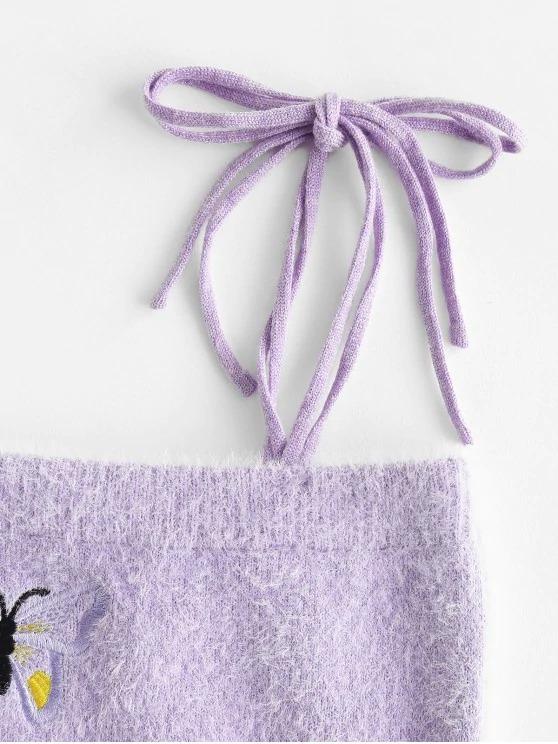 Fuzzy Tie Shoulder Butterfly Embroidered Crop Top - LuckyFash™