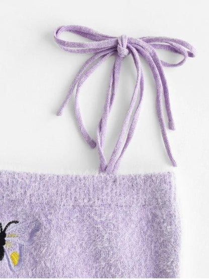 Fuzzy Tie Shoulder Butterfly Embroidered Crop Top - LuckyFash™