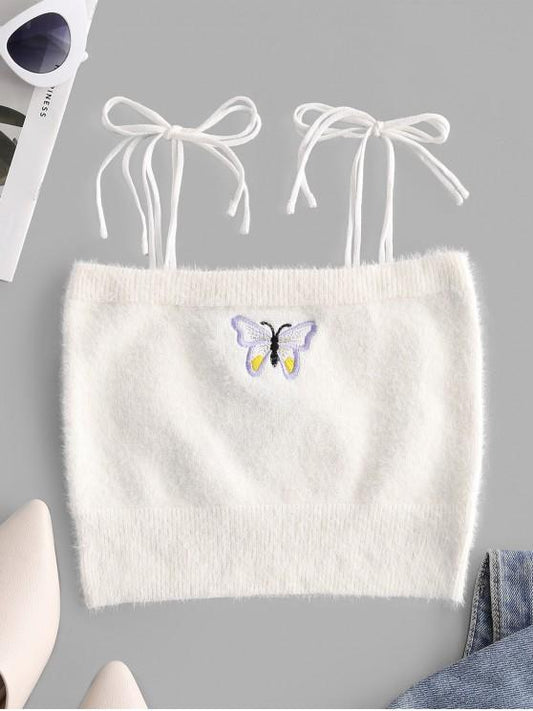 Fuzzy Tie Shoulder Butterfly Embroidered Crop Top - LuckyFash™