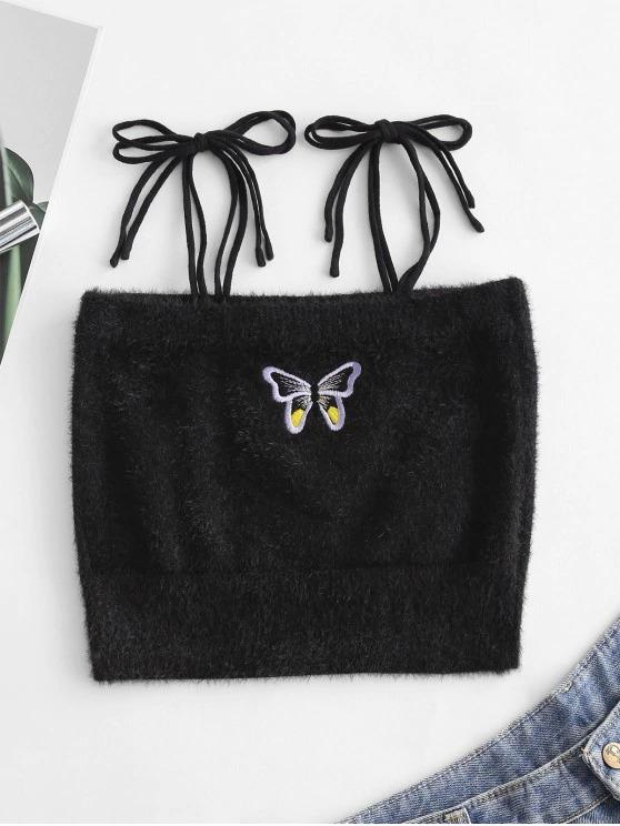 Fuzzy Tie Shoulder Butterfly Embroidered Crop Top - LuckyFash™